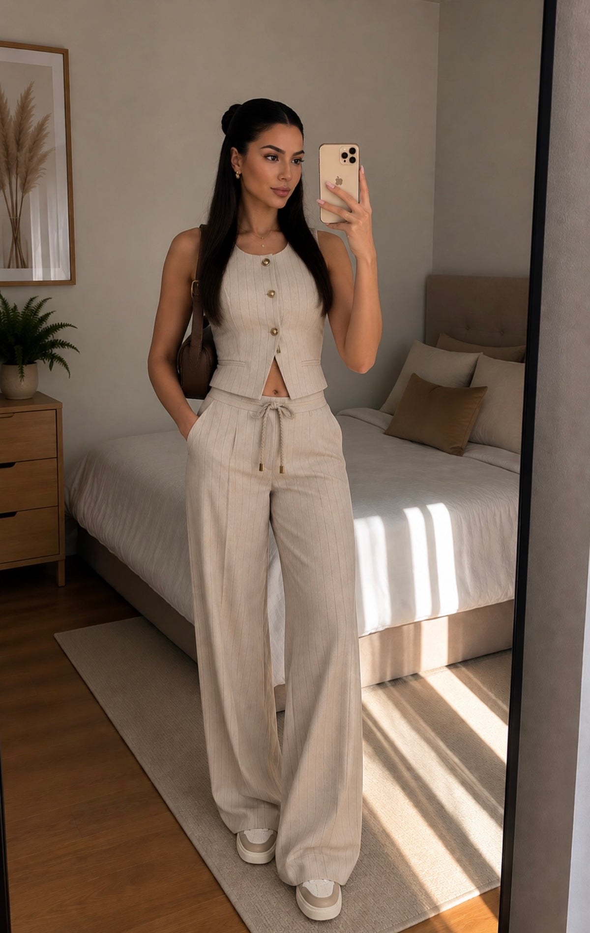 Eleganter Pinstripe Zweiteiler – Weste & Wide-Leg Hose