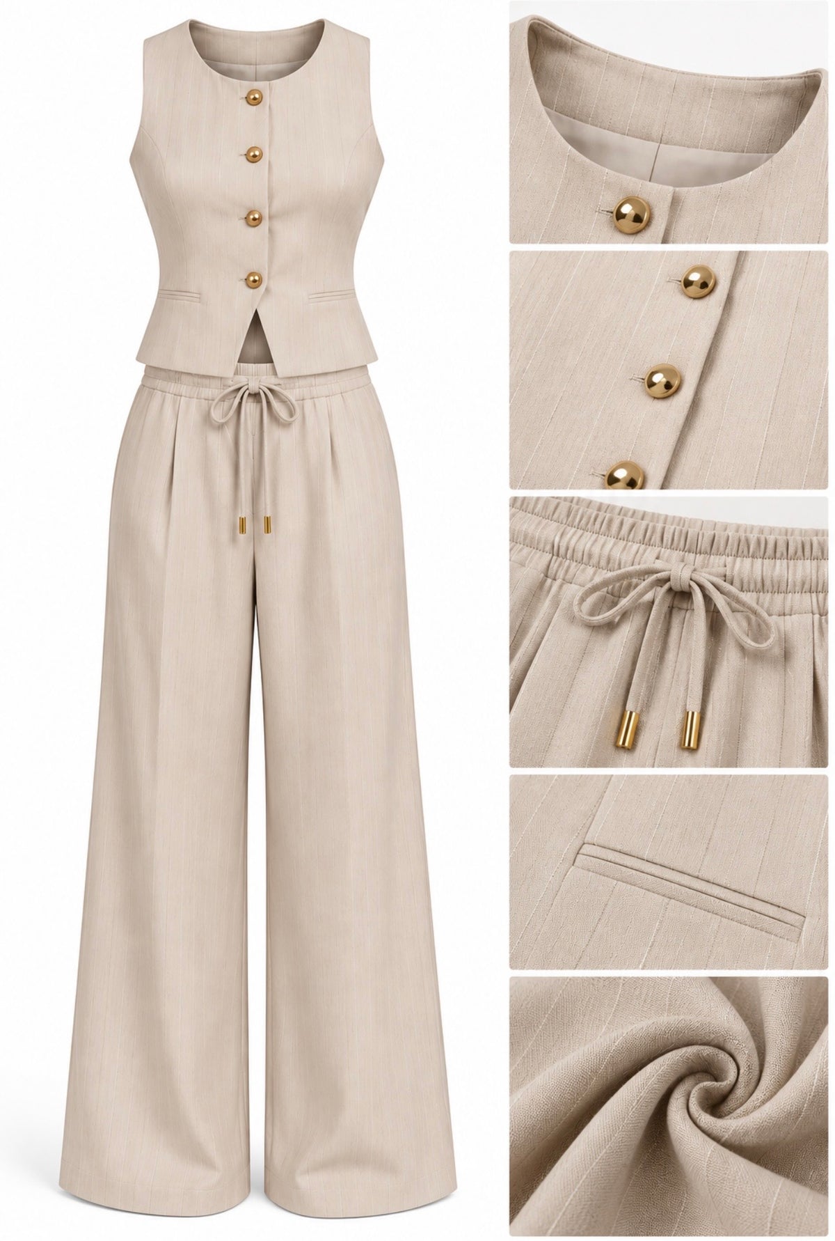 Eleganter Pinstripe Zweiteiler – Weste & Wide-Leg Hose